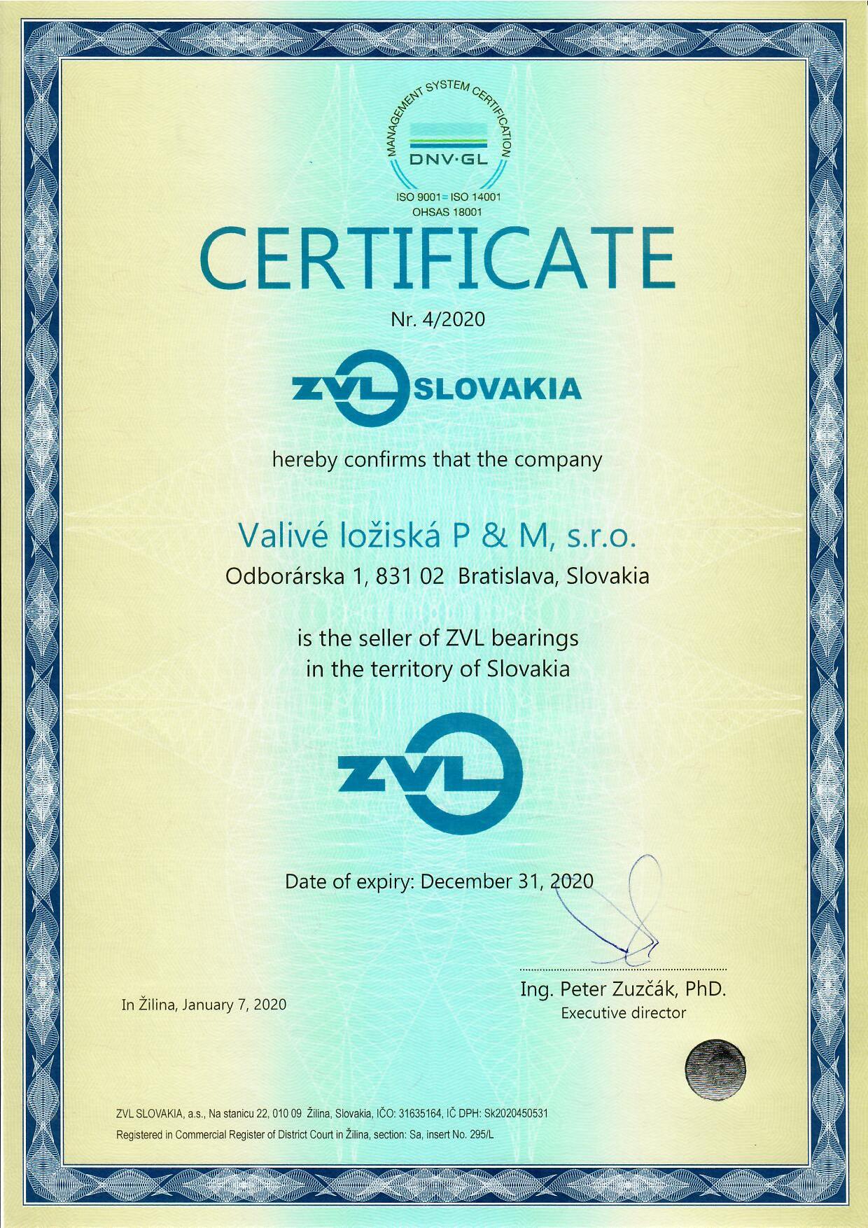 Certificate ZVL Slovakia 2020